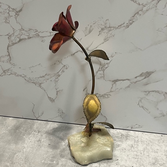 VINTAGE Mid Century Modern Rose Flower Leaves Copper Metal Art on Onyx Demott - Picture 4 of 11